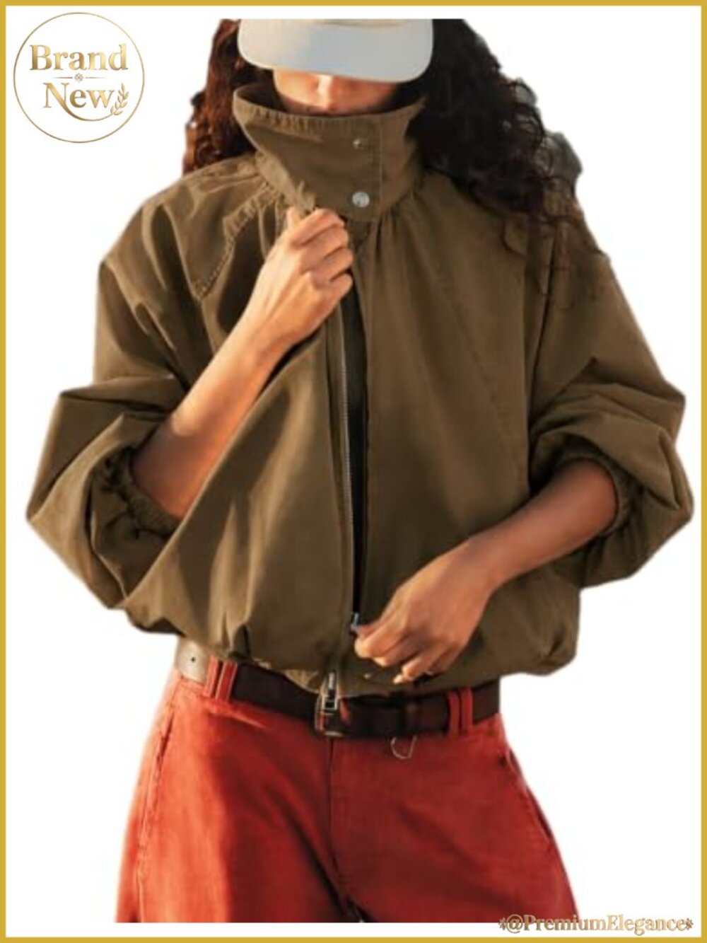 Oversized Windbreaker Bomber Jacket Zip Pleated Hem Womens